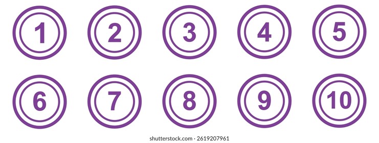 Conjunto de botões de números modernos. Números contando o design colorido do ícone de botão de vetor de traçado. Conjunto de rodada 1 a 10 isolado no fundo branco. Ilustração vetorial. 