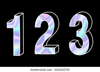 Modern numbers set, number 123 , holographic gradient neon 3d hand drawn line perspective trend illustration on black background