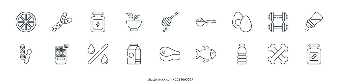 modern nutrition icon pack. perfect for linear ui designs featuring vector vitamin c, calcium, water, protein, meat, milk, fat and more icons for mobile and web apps.