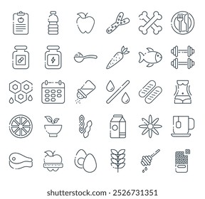 Icono de nutrición moderno. Perfecto para diseños de UI lineales con chote de Vector, miel, trigo, huevos, escamas y más iconos.