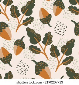 Modern oak leaf acorn vector seamless background pattern. Hand-drawn groups of leaves and acorns on light backdrop. Earthy fall foliage in ochre, green. Autumn design for thanksgiving, packaging.
