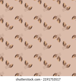 Modern oak leaf acorn vector seamless background pattern. Hand-drawn groups of leaves and acorns neutral monochrome beige backdrop. Earthy fall ochre color foliage for thanksgiving, packaging.