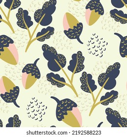 Modern oak leaf acorn vector seamless background pattern. Hand-drawn groups of leaves and acorns on light backdrop. Fall foliage in gold, blue, pink.Autumn design for thanksgiving,gender neutral