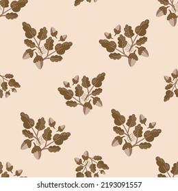 Modern oak leaf acorn vector seamless background pattern. Hand-drawn groups of leaves and acorns on light backdrop. Earthy fall foliage in ochre, green. Autumn design for thanksgiving, packaging.
