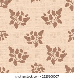 Modern oak leaf acorn vector seamless background pattern. Hand-drawn silhouettes of leaves and acorns monochrome beige ecru backdrop. Earthy fall foliage. Autumn design for thanksgiving, packaging.