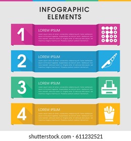 Modern object infographic template. infographic design with object icons includes french fries, printer. can be used for presentation, diagram, annual report, web design. 