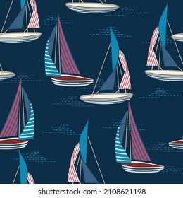 Modern ocean beach wind surfing illustration sailboat with stripes seamless pattern Vector EPS10,Design for fashion , fabric, textile, wallpaper, cover, web , wrapping and all prints on Dark blue

