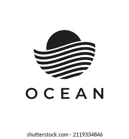 modern ocean line with sunrise vector logo design in black color