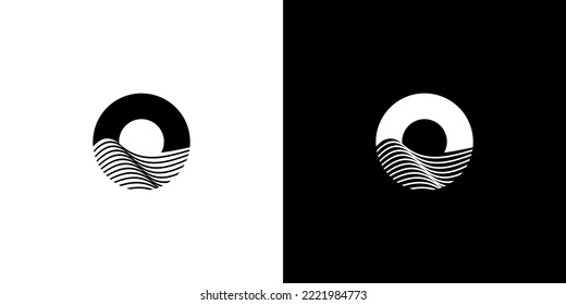 Modern ocean and sun icon, logo template, negative space ocean logo, Letter O for ocean logo .vector	 svg