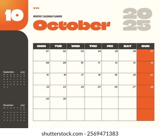 Modern October 2025 calendar planner template.  Ideal for scheduling and organization.