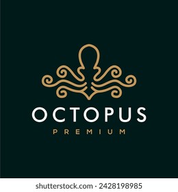 Modern Octopus Squid Tentacles Logo in simple minimalist line art monoline outline style, elegant geometric octopus logo Vector