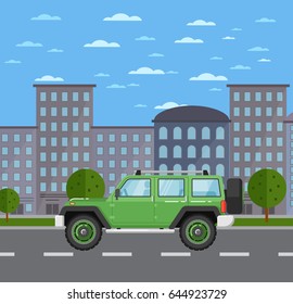 Modern off road car in urban landscape. SUV car, 4x4 auto vehicle, automobile service, people transportation. City street road traffic vector illustration, cityscape background with skyscrapers.