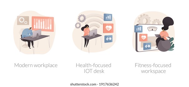 Modern office abstract concept vector illustration set. Modern workplace, health-focused IOT desks, fitness-focused lifestyle, employee happiness and well-being, activity tracking abstract metaphor.