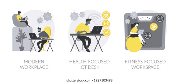 Modern office abstract concept vector illustration set. Modern workplace, health-focused IOT desks, fitness-focused lifestyle, employee happiness and well-being, activity tracking abstract metaphor.