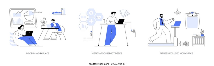 Modernes Bürokonzept, Vektorgrafik-Set. Moderner Arbeitsplatz, gesundheitsorientierte IOT-Schreibtische, fitnessorientierter Lebensstil, Zufriedenheit und Wohlbefinden der Mitarbeiter, abstrakte Metapher zur Aktivitätsverfolgung.