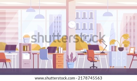 Modern office background. Comfortable workspace in business center. Coworking room with workstations, computers and cityscape. Stylish interior for employees. Cartoon flat vector illustration