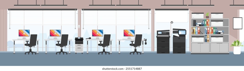 Fondo moderno de la oficina, área de trabajo vacía sin personas, interior moderno de la oficina, oficina del rascacielos con la vista de la ciudad, fondo Horizontal interior de la oficina.