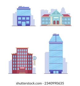Modern office or bank buildings vector illustrations set. Collection of cartoon drawings of financial institutions. Banking, finances, business, architecture, public sector concept