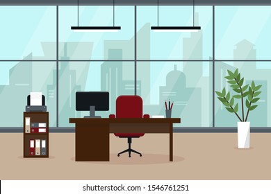 Modern office  with big window, desk,  computer, printer and plant. Workplace in modern city. Interior vector illustration.
