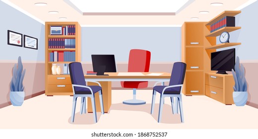 Modern office of boss interior design background. Room for work with chairs, table with computer monitor, cupboard with books and documents, plants, tv. Area for working vector illustration.