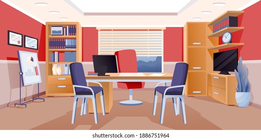 Modern office of boss interior design background. Room for work with chairs, table with computer monitor, cupboard with books and documents, plants, tv. Area for working vector illustration.