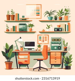 Modern office of boss interior design background. Room for work with chairs, table with computer monitor, cupboard with books and documents, plants, tv. Area for working vector illustration.