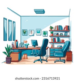 Modern office of boss interior design background. Room for work with chairs, table with computer monitor, cupboard with books and documents, plants, tv. Area for working vector illustration.