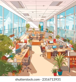 Modern office of boss interior design background. Room for work with chairs, table with computer monitor, cupboard with books and documents, plants, tv. Area for working vector illustration.