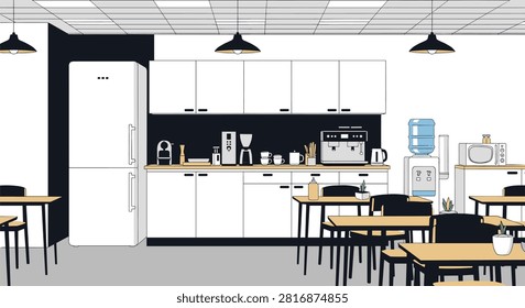 Modern office breakroom with coffee station water cooler and dining tables for collaboration