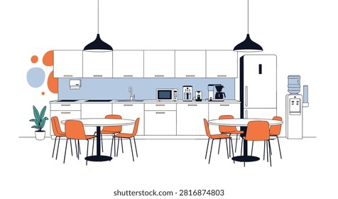 Modern office breakroom design with orange chairs and kitchenette area featuring coffee maker and water cooler for employee relaxation and social interaction