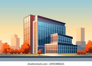 Modern office building with beautiful trees and parking lot against the backdrop of the business district. Business center with glass windows or shopping center and city. Vector illustration.