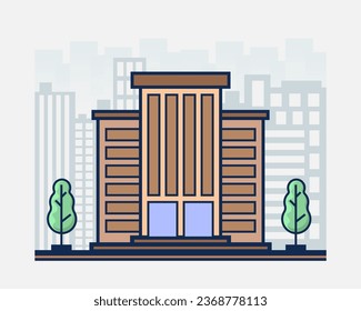 Modern office building in flat style with trees. Hotel illustration.