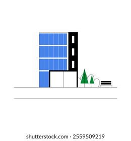 Modern Office Building In Flat Vector Illustration Symbolizing Urban Development And Commercial Architecture, Isolated On White Background