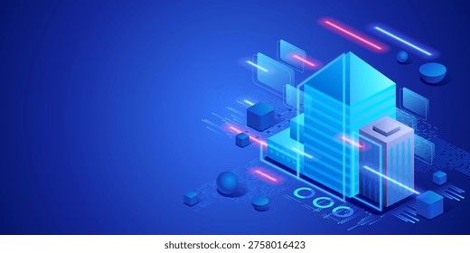 Modern office building with glowing digital elements on a dark blue background. Business concept. Corporate infrastructure, urban development and strategic growth in a tech‑driven environment. Vector