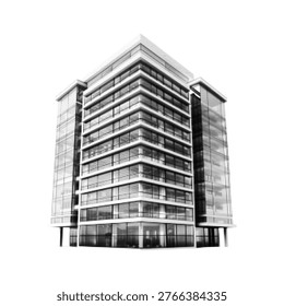 Modern office building in halftone style, monochrome illustration of urban architecture, corporate real estate and contemporary city development.