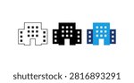 Modern office building icon set featuring outline, solid glyph, and flat color styles. Perfect for business, corporate, commercial, real estate, architecture, company, office location, workplace, mobile applications, websites, dashboards, presentations, user interfaces, and editable vector design projects.
