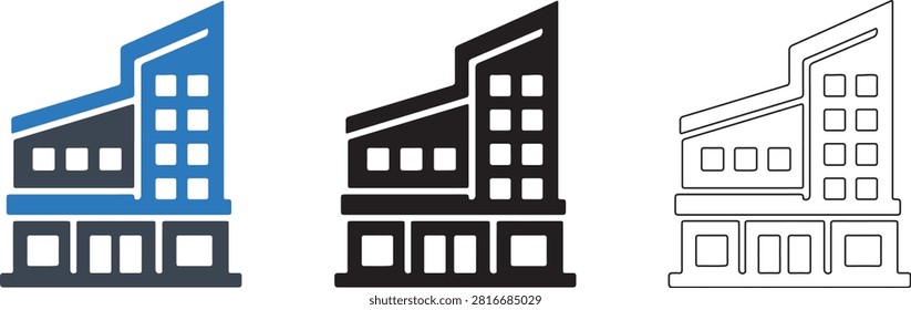 Modern Office Building Icon Set, Commercial Property, Business Architecture, Black Blue Outline Vector Pictogram Collection