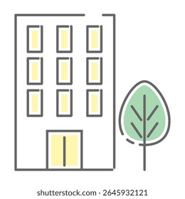 Ícone do edifício de escritório moderno com árvore