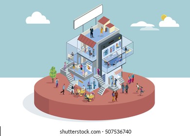 Modern Office Building In Isometric View with businessman and businesswoman working in different departments. Business presentations and meetings.