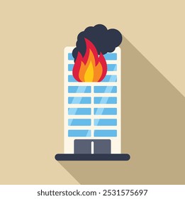 Modern office building with large glass windows is on fire with smoke billowing from the top