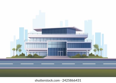 Modernes Bürogebäude mit Palmen, grünem Gras und Straße. Business-Center mit Glasfenstern oder Einkaufszentrum vor der Kulisse der Stadtsilhouetten. Vektorgrafik.