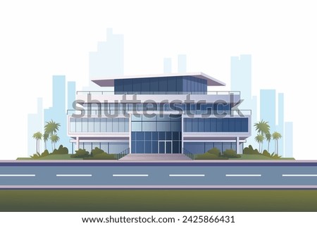 Modern office building with palm trees, green grass and road. Business center with glass windows or shopping center against the backdrop of city silhouettes. Vector illustration.