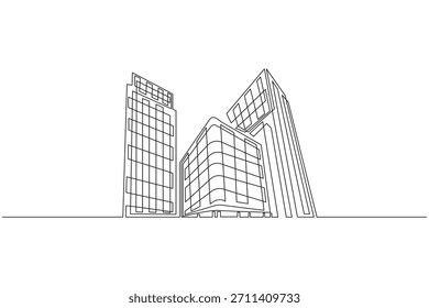 Contemporáneo edificio de oficinas skyline continua una línea dibujando mínima ilustración de contorno. Contemporáneo torre de oficinas continua una línea dibujando elegante ilustración de Arte vectorial mínimo.
