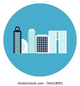 Moderno Icono De Edificios De Office Botón Web Sobre El Fondo Azul Redondo Ilustración Vector Plano