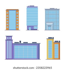 Edificios de oficinas modernos e ilustraciones vectoriales de plantas. Rascacielos, torres y edificios de departamentos para trabajar en el distrito de negocios. Arquitectura, paisaje urbano, concepto de construcción