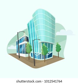 Modern office buildings. Vector cartoon style, flat design of corporate business center with skyscrapers, trees and lamps.