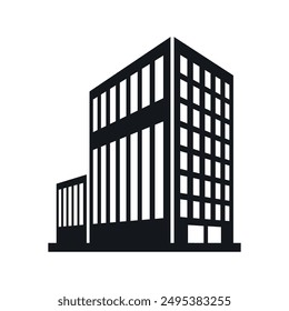 Modern office business building facade perspective isometric black monochrome icon vector illustration. Contemporary corporate architecture exterior residential apartment bank hotel city real estate