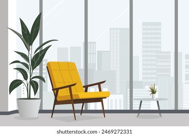 Modern office in a business center with a yellow armchair and potted plants overlooking the cityscape of the metropolis. Yellow armchair in modern office. Business space vector illustration. Meeting.