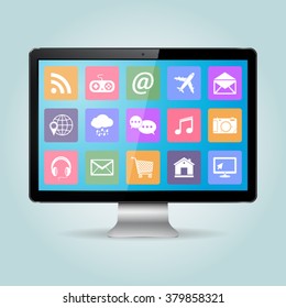 Modern office business desktop computer PC monitor with icons