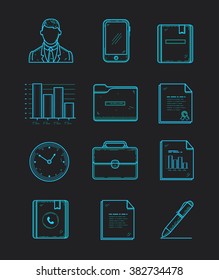modern office and business icons set on the dark background. Line neon blue creative style